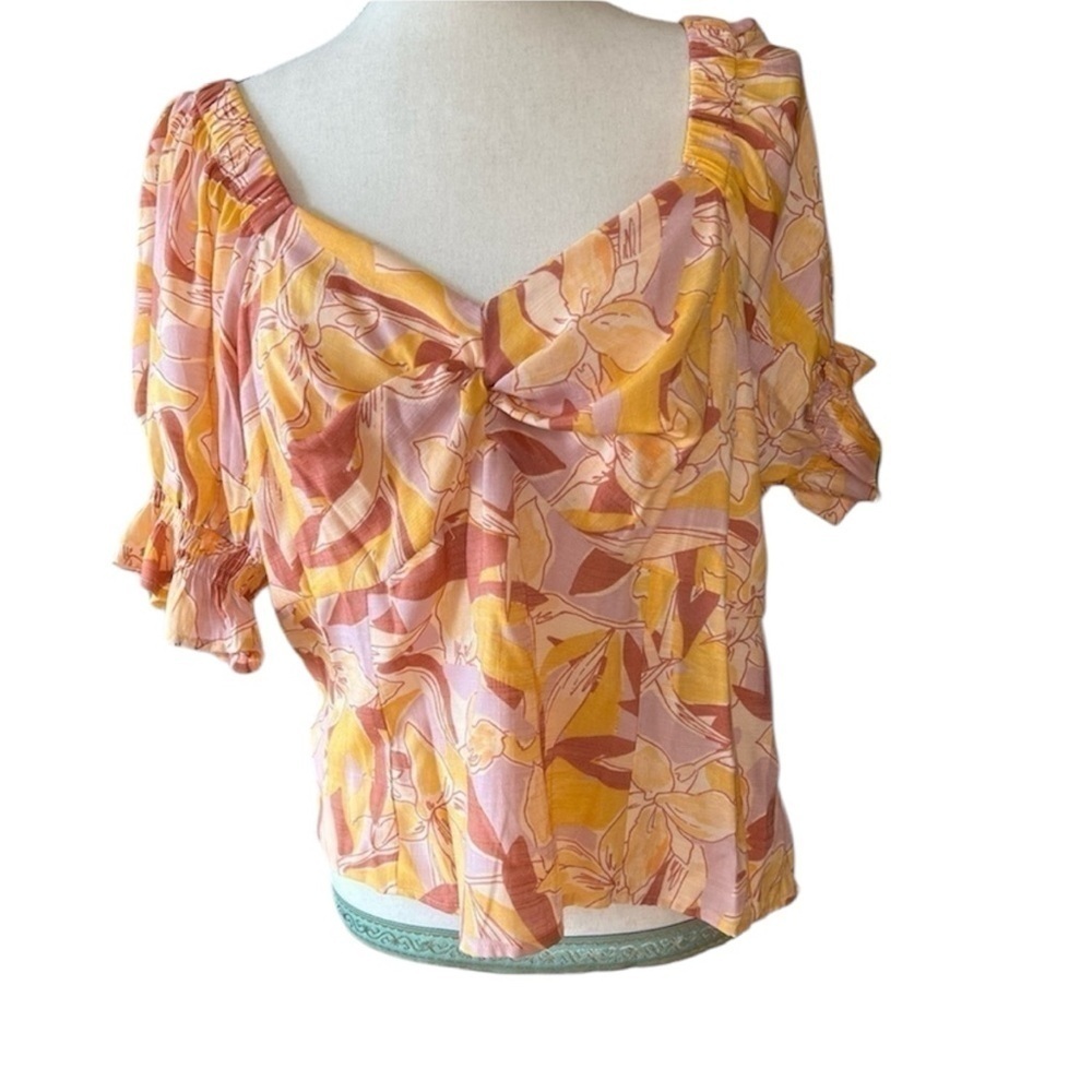 NINE West twist front blouse yellow multi color size 0X